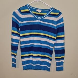 Blue Striped V-Neck Sweater